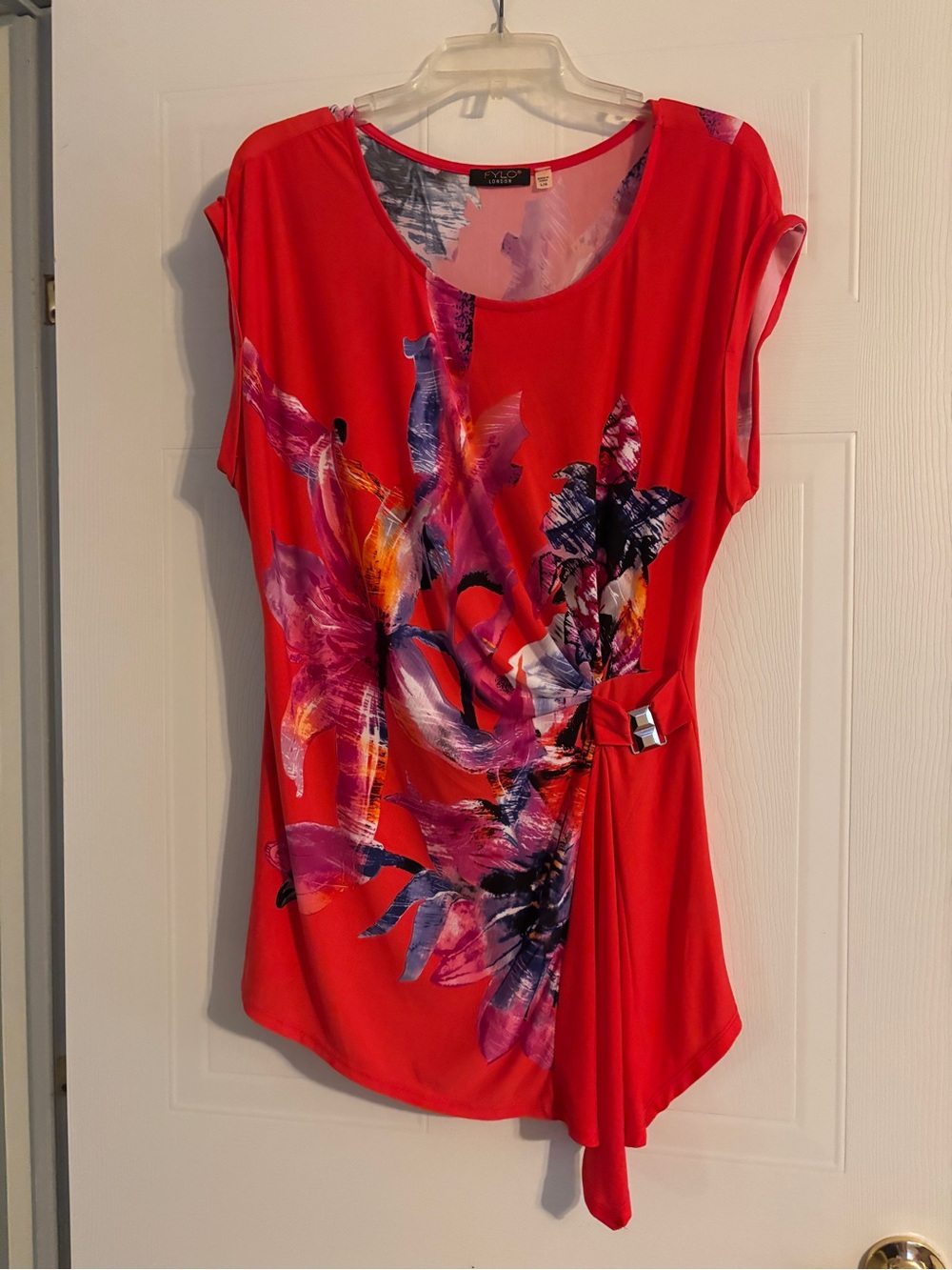 Bright Coral Floral Drape Front Womens Top